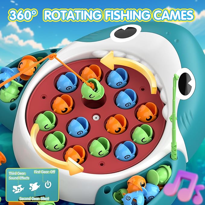Musical Shark Fishing Game for Kids, 360° Rotating Board, 20 Fish with 3 Rods,Hook Fishing Set for Toddlers，Educational, Fine Motor Skill Activity for Boys and Girls