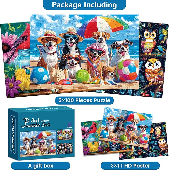 3 Pack 100 Piece Puzzles for Kids, Dog Parrot Bird Jigsaw Puzzle for Kids Age 4-6 6-8 8-10,Large Piece Puzzle,Recycled Paper,Bright & Colorful Educational Puzzle,Great Unique Gift for Boys Girls