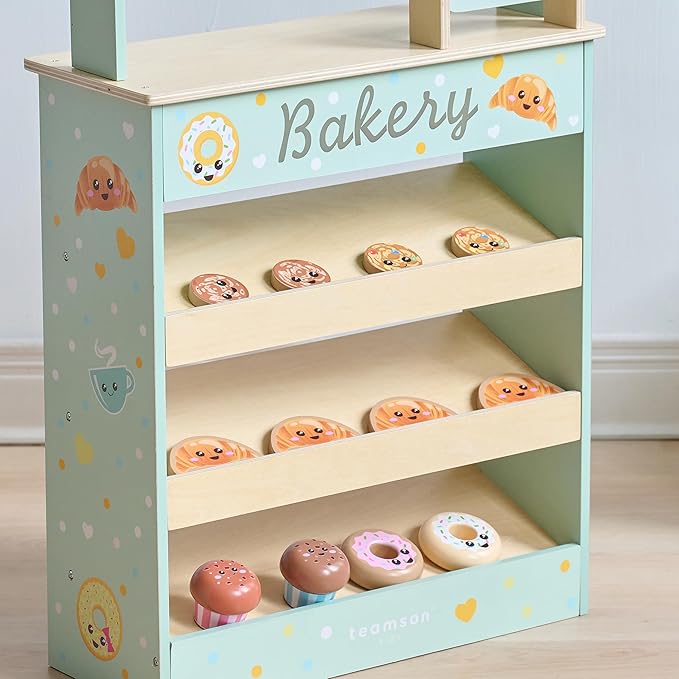 Teamson Kids Jolly Pals Wooden Bakery Market Stand Pretend Playset for Kids Ages 3+, Pastry Play Food Rotating Open/Close Sign, Hidden Storage Educational Role-Play, Pretend Play Wooden Market Stall