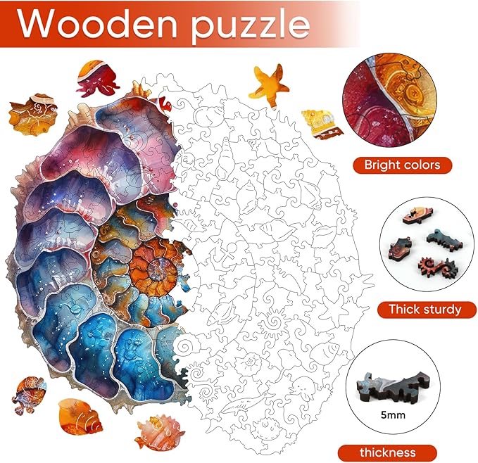 Ruikiyart Wooden Puzzles for Adults, 5MM 200 Pieces Seashell Jigsaw Puzzles Conch Unique Shape Puzzles Gift for Kids and Adults on Birthday,Thanksgiving,Christmas (10.8"x11.2")