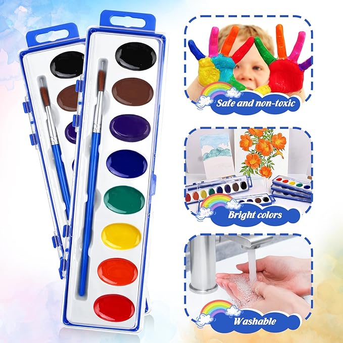 FUMILE Watercolors Paint Set Bulk,30 Pack 8 Washable Bright Colors with Paintbrush.Watercolors Paint Set Kids for Parties,Art Lessons,Birthday Party Favor,valentines for kids classroom,All Ages.