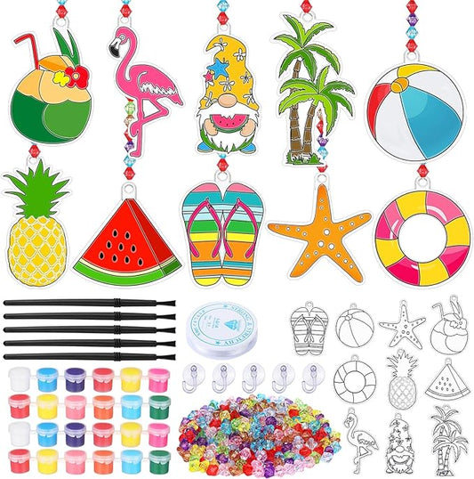 Yaomiao 30 Sets Summer Craft Kit End of Year Student Gifts Hawaiian Beach DIY Sun Catcher Bulk Paint Your Own Window Art Drawing Ornaments for Home Classroom Summer Activities Party Favor