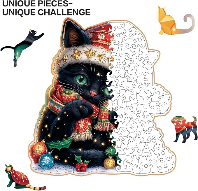 Wooden Jigsaw Puzzle for Adults,Christmas Cat Puzzle 200 Piece,Unique Shape Puzzle Challenge 11 x 11 Inch,Beautiful Wooden Puzzles Birthday Gifts for Adults Family Game