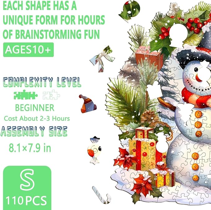 Christmas Wooden Puzzles for Adults, Snowman Wooden Jigsaw Puzzle, Unique Shape Wood Puzzles Adult, Presents for Family and Friends, Wall Art Home Decor (S-8.1 * 7.9in -110 pcs)