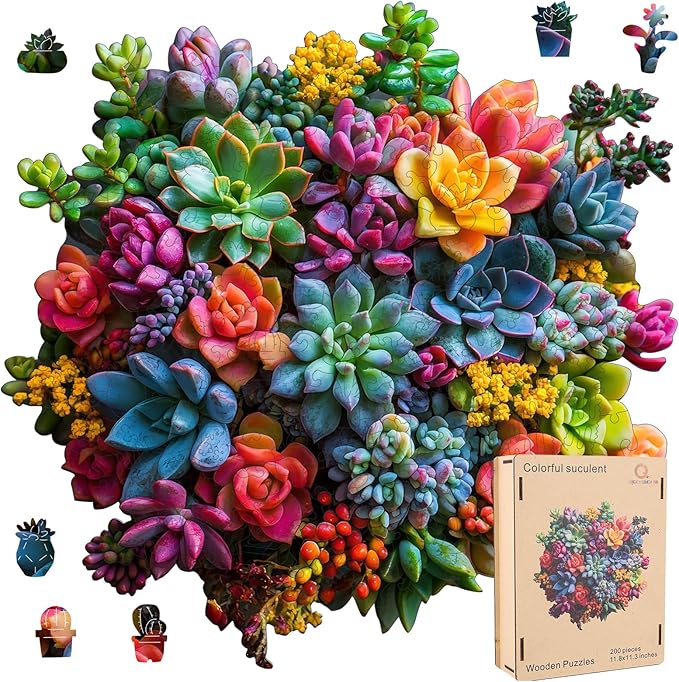 Wooden Puzzles for Adults,500Pieces Colorful Succulent Plants Jigsaw Puzzles,Unique Irregularly Shaped Animal Wooden Jigsaw Puzzle for Adult Family Game Gift,17.2 * 16.6in