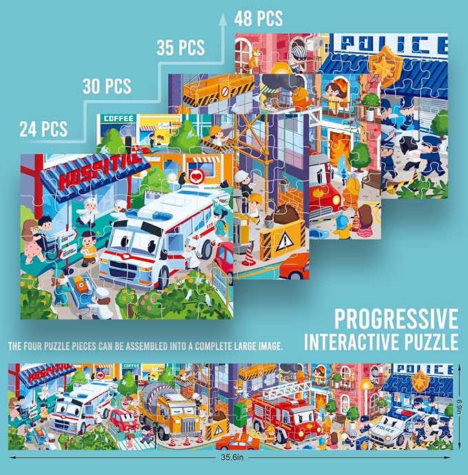 Puzzles for Kids Ages 3-8 Year Old，4 Pack 4 in 1 Progressive Jigsaw Puzzles (24/30/35/48 Pieces) for Toddlers & Children，Educational Floor Puzzles for Gifts