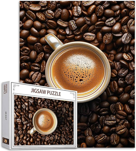 Tucocoo Espresso Coffee Mug Jigsaw Puzzles for Adults 1000 Pieces, Coffee Beans Background Art Jigsaw Puzzle Brown DIY Puzzles for Home Decoration Gifts, Family Puzzle Perfect for Game Nights