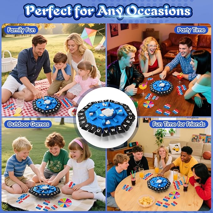 Family Board Word Games for Kids & Adults w/Display Timer, Fast Paced 24-Letter Learning Party Card Game with Spinning Penalty Wheel, 2 Modes & 220 Topics, Xmas & Birthday Gifts, Blue