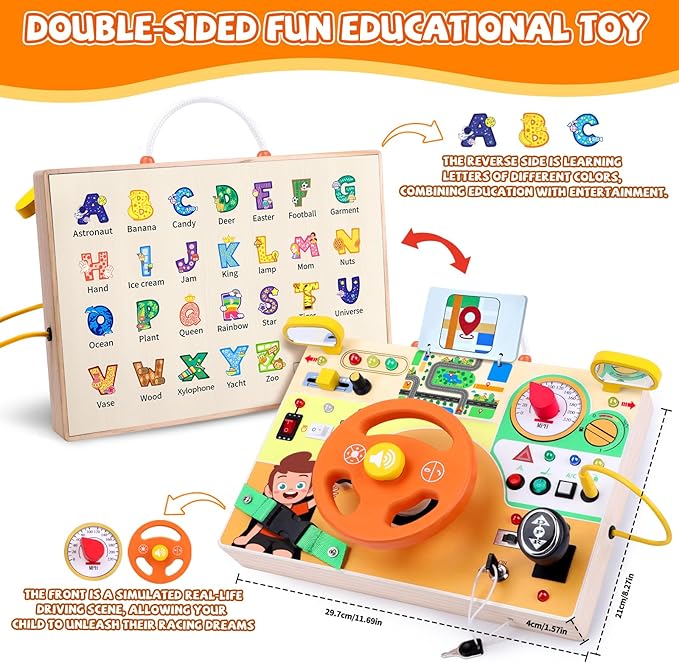 Busy Board,Montessori Toys for 1-3 Years Old, Wooden Toddler Toy, Autism Sensory Travel Toys, Ideal Gift for 1+ Year Old Boys (Busy Board v6)