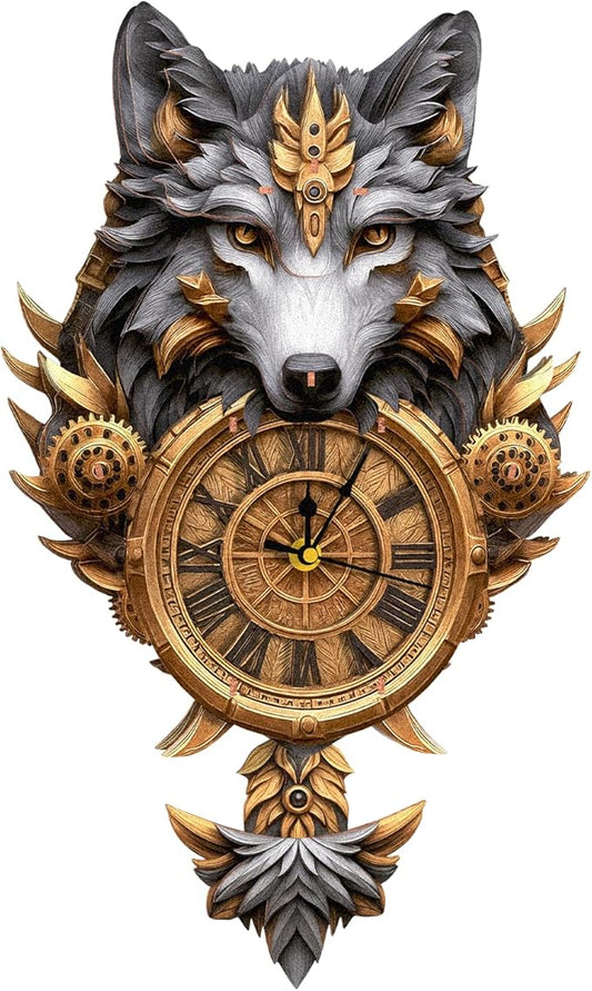 3D Puzzles for Adults Clock-Gray Wolf Design Model Kit-Mechanical DIY Pendulum Clock with Roman Numerals-Desk Home Office Decor Personalized Gift for DIY Lovers