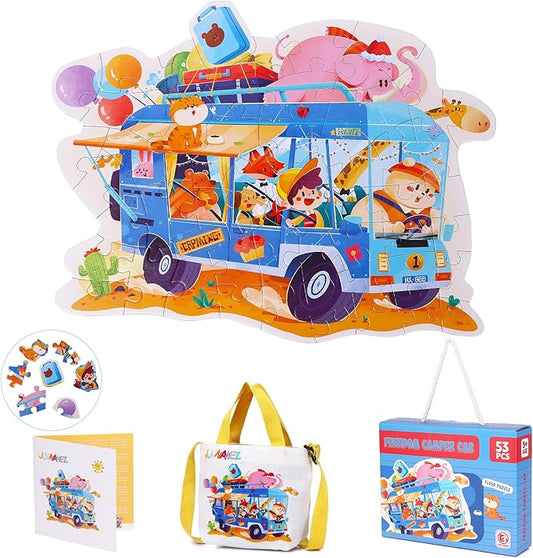 Puzzles for Kids Ages 4-8,53 Piece Unique Large Irregular Animal Shaped Art Puzzle,Floor Puzzles for Kids Ages 3 4 5 6 7 8,Educational Toy Gift Jigsaw Puzzles for Boys Girls (Freedom Camper Car)