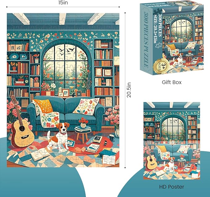 300 Piece Puzzle for Adults, Cozy Afternoon Jigsaw Puzzles, Vintage Living Room with Dog and Books 300 Piece Puzzle, Relaxing Family Activity for Kids and Adults, 20.5×15 in