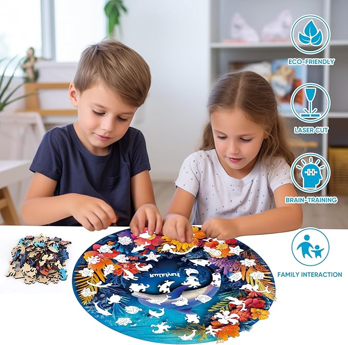 Ruikiyart Wooden Puzzles for Adults, 5MM 500 Pieces Dolphin Wooden Jigsaw Puzzles, Sea Animal Unique Shaped Puzzle Gifts for Adults and Kids on Thanksgiving, Family Puzzle Games(16.5"*16.5")