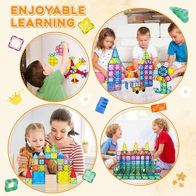 Magnetic Tiles, 130PCS Magnetic Blocks Set with 2 Cars, 4D Diamond Magnet Building Blocks, STEM Preschool Educational Magnet Toys Gift for Kids, Boys and Girls 3 4 5 6 7 8+ Year Old