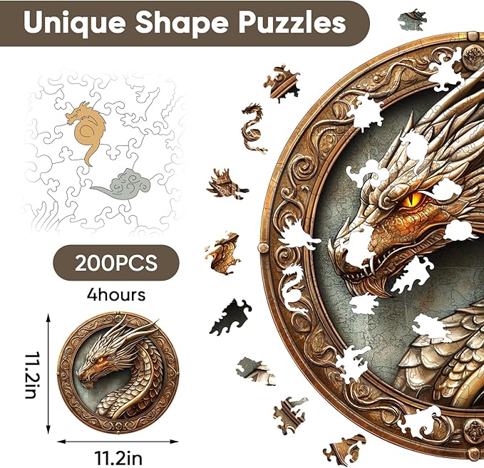 Wood Puzzles Adult, 200 Pieces Dragon Wooden Puzzles,Extra Thick 5MM,Unique Shaped Jigsaw Puzzles for Adults and Kids,Best Birthday Gift and Family Game,11.2"*11.2"