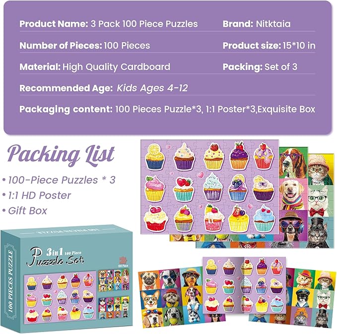 3-Pack 100 Piece Puzzles for Kids,Dogs Cats Cupcakes Puzzle for Kids Age 4-6 6-8 8-10,Unique Large Piece Animals Jigsaw Puzzle,Recycled Paper,Bright & Colorful Educational Puzzle Game,Boys Girls Gift