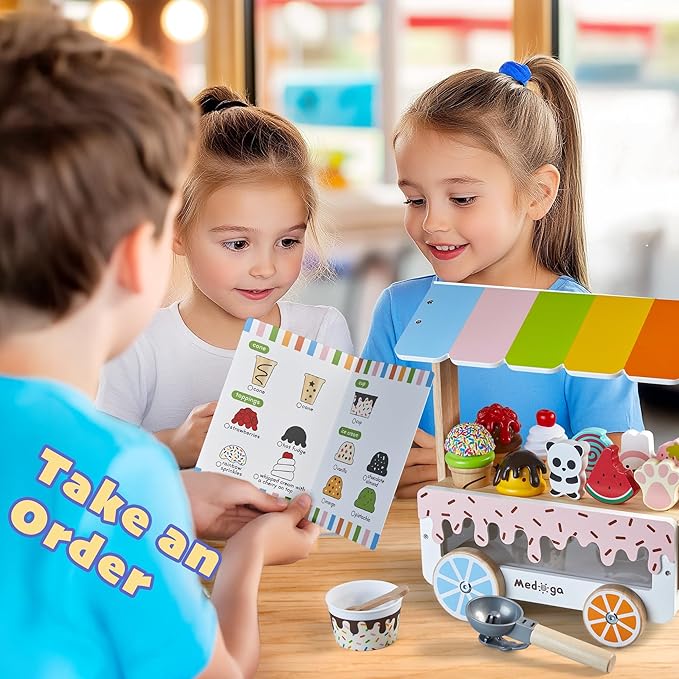 Wooden Ice Cream Cart Toy Playset with Ice Cream Toys Pretend Play Food Truck Play Kitchen Accessories with Ice Lolly & Scoop & Menu Wooden Toys Gift for 3 4 5 6 7 8 Year Old Girls Boys