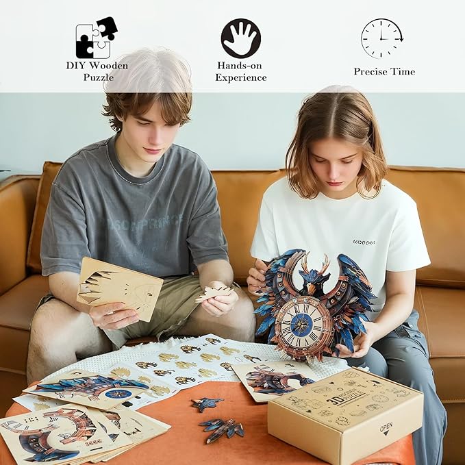 3D Puzzles for Adults Clock-Thunderbird Design Model Kit-Mechanical DIY Pendulum Clock with Roman Numerals-Desk Home Office Decor Personalized Gift for DIY Lovers