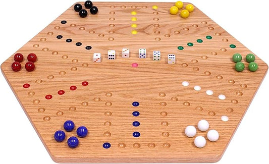 AmishToyBox.com Wahoo Wooden Marble Game Board Set - Large 24" Wide - Solid Oak Wood - Double-Sided - with Large 22mm Marbles and Dice Included