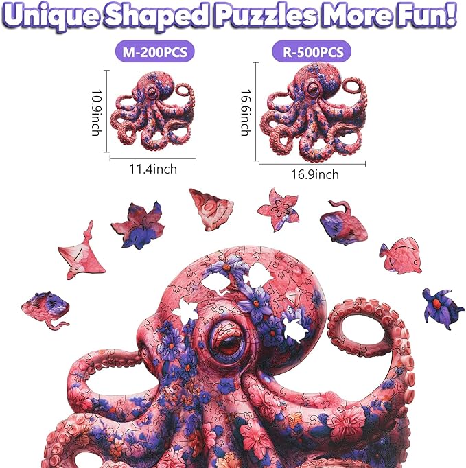 Leodozzio Wooden Puzzles for Adults, Pink Flower Octopus Jigsaw Puzzles 200 Pieces-5MM Thickness, 11.4x10.9 Inch, Unique Shaped Wooden Puzzle, Birthday Gift Family Game
