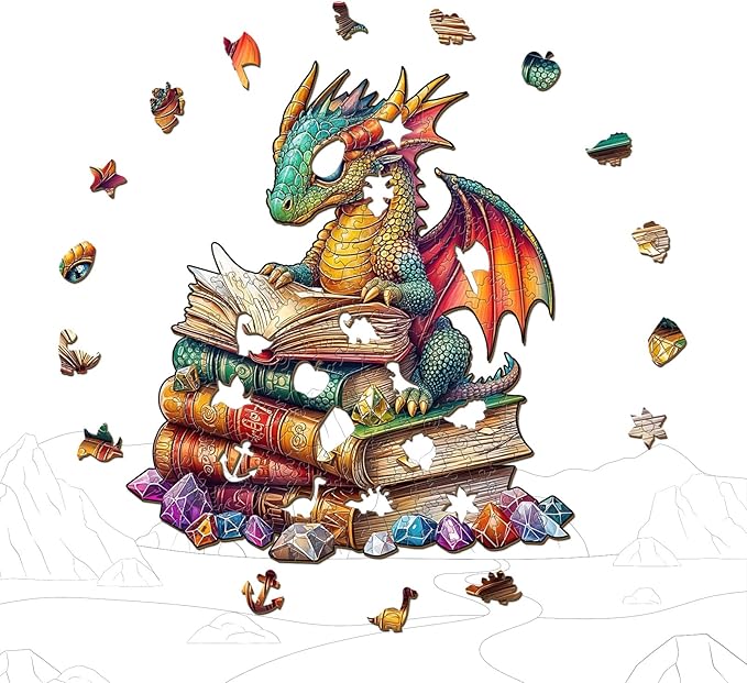 Wooden Puzzles for Adults - Reading Dragon Wood Puzzles Adult - Unique Animal Shape Wooden Jigsaw Puzzles for Adults - Birthday Gifts for Puzzle Lovers, Family (8.5 * 8.5in)