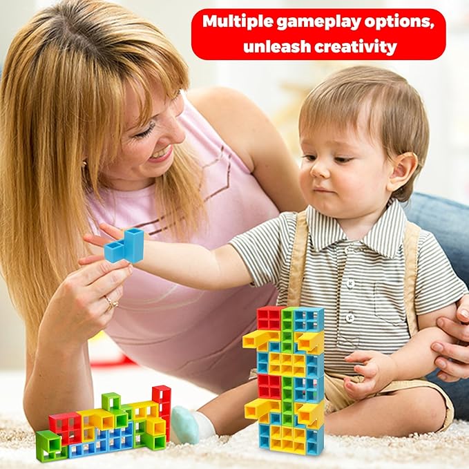 FAVANTIME 48pcs Stacking Game Tetra Balance Tower Stacking Blocks Board Games for 1-4 Players Family Games for Kids, Adults, Party, Travel Team Building Blocks Toy