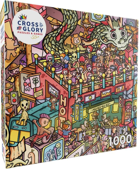 Cross & Glory - Metropolitan Mayhem: A Cartoon Cosmopolis - 1000 Piece Jigsaw Puzzle for Adults & Kids 12+ | Challenging & Colorful Whimsical City Scene
