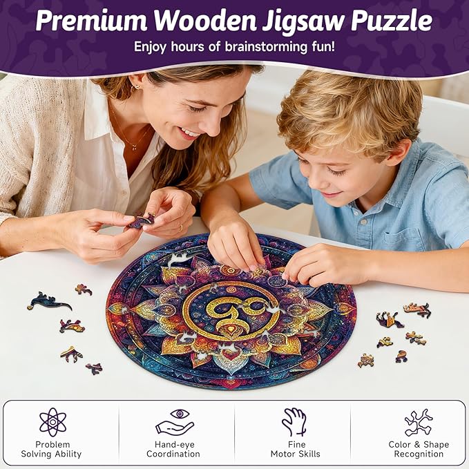 Mandala Wooden Puzzle for Adults, 454 Pieces Colorful Round Wood Jigsaw Puzzles, Scorpio Symbol Art, Unique Wood Animal Shaped Puzzle, Family Game Home Decor