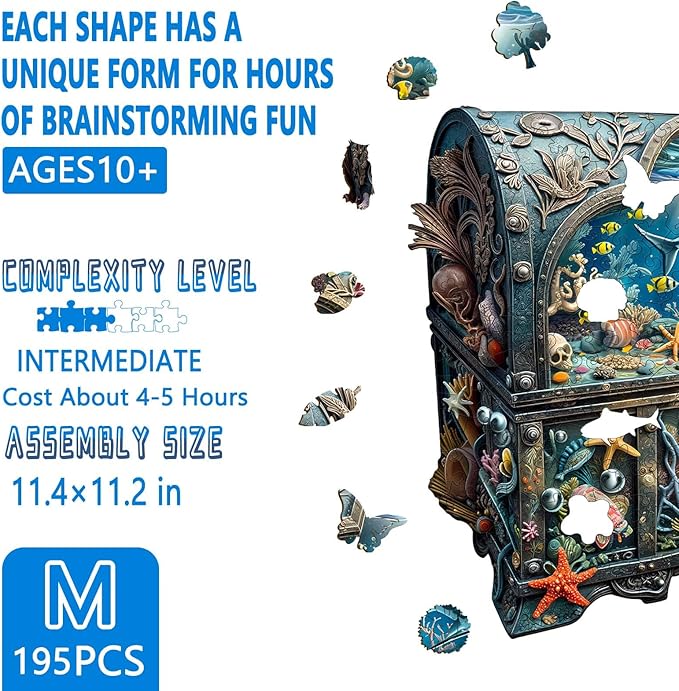 Wooden Puzzles for Adults - Treasure Chest Ocean Wooden Jigsaw Puzzle, Unique Shape Ocean Wood Puzzles Adult, Gifts for Family and Friends, Wall Art Home Decor (M-11.4 * 11.2in- 195 Pieces)