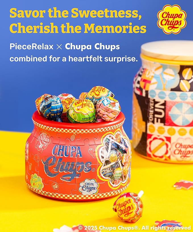 Chupa Chups X PieceRelax 3D Puzzle Jar 64 Plastic Pieces for Adults - Timeless Memories - Pop Energy S Wooden Lid Container for Kitchen Dining Study Living Room No Glue Requied Small [BC1023]