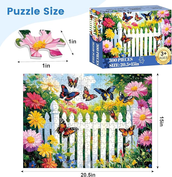 300 Pieces Flowers Puzzle for Adults, Butterfly Jigsaw Puzzle 300 Pieces Recycled Cardboard Jigsaw Puzzles for Adults, Family Challenging Game Home Decor Gift Toy for Teens Kids Seniors 20.5×15 in