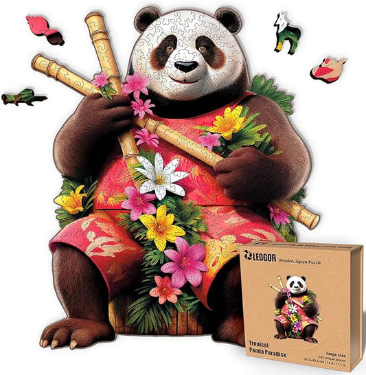 LEOGOR Wooden Puzzles for Adults – 350 Piece, 14.4 x 17.1 in Extra-Thick 5mm Wood Puzzles Adult, Animal Shaped Large Mosaic Jigsaw, Tropical Panda Paradise, Unique Hand-Drawn Pieces