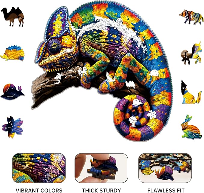 Wooden Puzzles,Chameleon Jigsaw Puzzles,300 Pieces Colorful Animal Puzzle,Birthday Gift Family Game 14.9 x 14.9 Inch,Unique Shaped Wooden Puzzle for Adults
