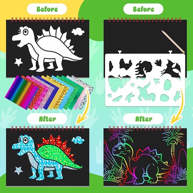 homicozy Art & Craft Activity for Kids - Foil Fun Dinosaurs & Scratch Art Book 2-in-1, No Mess Art Crafts for boys,DIY Creative Activity Kit,Gifts for Boys and Girls Ages 4, 5, 6, 7, 8, 9, Travel Toys