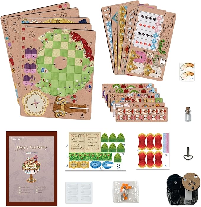 Tonecheer x British Library Wooden Music Box Puzzle for Adults, DIY Rotating Music Box Kit 3D Creative Musical Puzzle Crafts Model Building Kits Desk Decor for Birthday Gift (Alice's Tea Party)