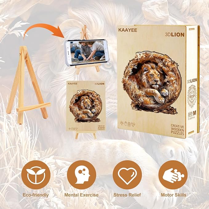 KAAYEE Wooden Puzzles for Adults, 3D Vision Effect Lion King Wooden Jigsaw Puzzles 200 PCS Unique Shape Wood Puzzle Adult, Birthday Father Mother Gifts for Puzzle Lover Family Game (M-11.4 * 11.4in)