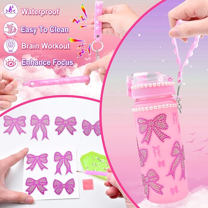 ASIOWELY Decorate Your Own Water Bottle Kits for Girls Age 4-6-8-10, Pink Bow Pattern Diamond Painting Art and Crafts for Boys Age 4-12, Fun Gifts Toys for Kids School Birthday Christmas