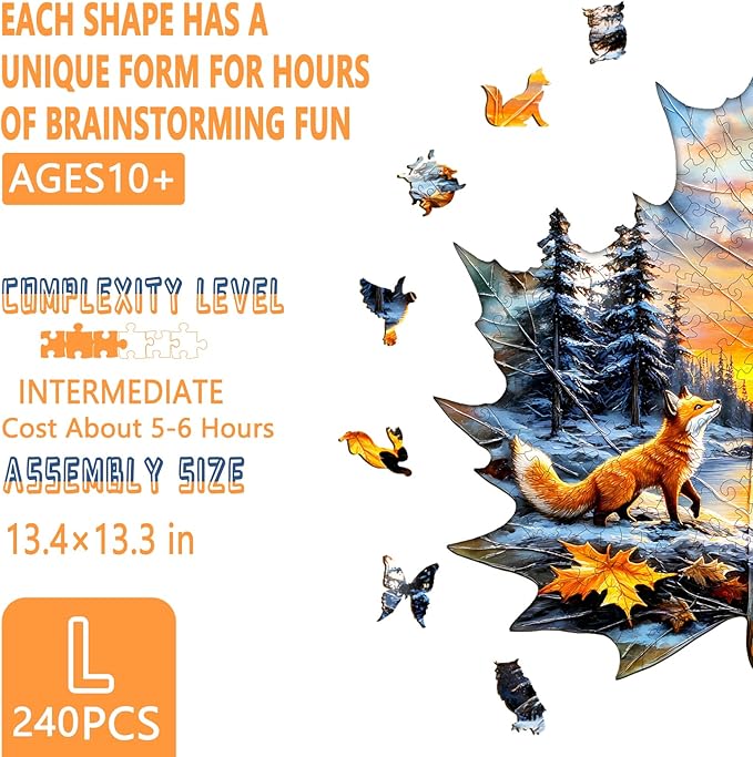 Wooden Puzzles for Adults, Winter Fox Wooden Jigsaw Puzzle for Adults, Magical Forest Wood Puzzles Adult, Unique Animal Shape, Fun Gifts for Friends & Family, Home Decor(L-13.4 * 13.3in-240 pcs)