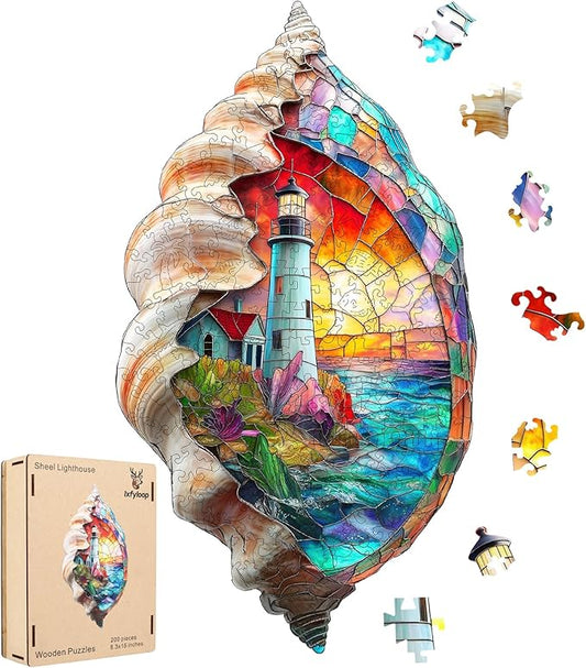 Shell Lighthouse Wooden Puzzles, 200 Pieces Jigsaw Puzzles, Unique Design Wooden Puzzles for Adults and Kids, Family Game Gift 8.2 x14.9 inch