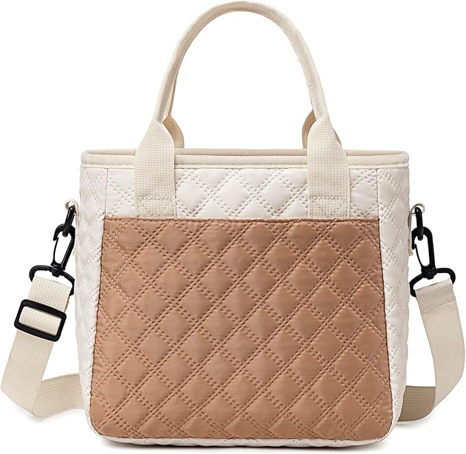 Cute Stylish Small Insulated Lunch Bag for Women Men Kids, Ultrasonic SoftTouch LunchBox for School, Office, Picnic, Durable Lunch Tote with Adjustable Strap & Dual Zippers, Cream&Coffee