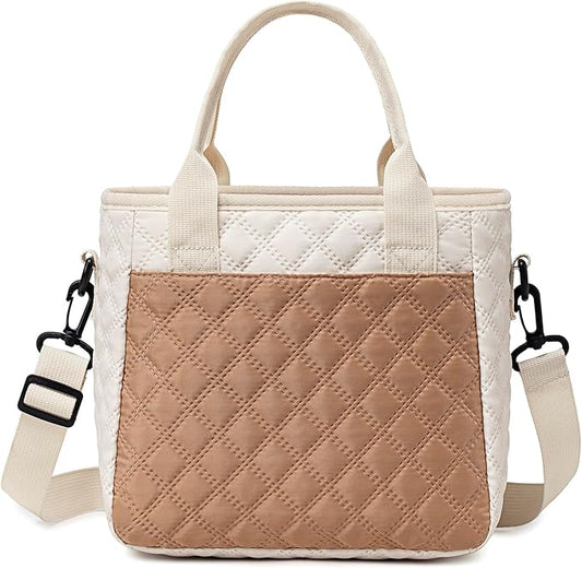 Cute Stylish Small Insulated Lunch Bag for Women Men Kids, Ultrasonic SoftTouch LunchBox for School, Office, Picnic, Durable Lunch Tote with Adjustable Strap & Dual Zippers, Cream&Coffee