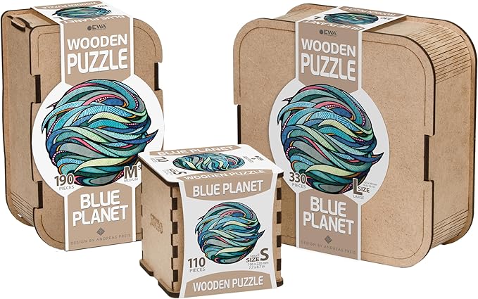 Eco-Wood-Art Wooden Puzzle - Blue Planet S | Unique Round Jigsaw Puzzle for Adults | 3D Earth Globe Decor | 110 Intricate Pieces | Eco-Friendly Home Decor Gift