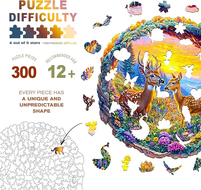 Wooden Puzzles for Adults - Deer Among Flowers Wooden Jigsaw Puzzle - Unique Animal Shaped Wood Puzzles Adult - Christmas Birthday Gifts for Adults/Friends/Family - 300pcs 13.4 * 13.3in