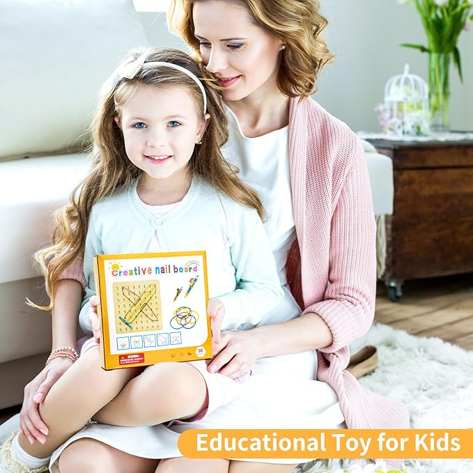 HEELWIRE Wooden Geoboard,Montessori Toy,Graphical Mathematical Education Toy for Kids with Pattern Cards and Rubber Bands to Figures and Shapes, Brain Teaser STEM Toy Geo Board., Plus 7*7*0.6in