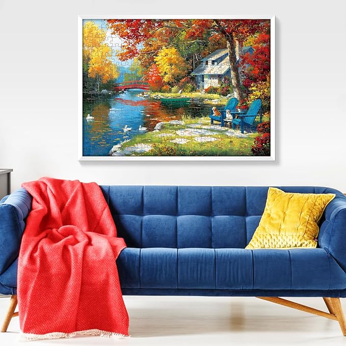 300 Piece Puzzle for Adults, Autumn Lakeside Cabin Jigsaw Puzzle with Dogs and Colorful Trees, Fall Season Cozy Retreat 300 Piece Puzzle, Relaxing Home Decor Gift for Adults, Kids, Seniors, 20.5×15 in