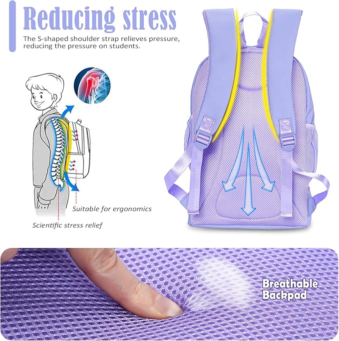 NOL Natural Organic Lifestyle Kids 2-in-1 Backpack & Insulated Lunch Bag-16"Multi-Functional Large Compartments Backpack for School & Travel, Double Deck,Water Resistant,Leak-proof,Padded-Light purple