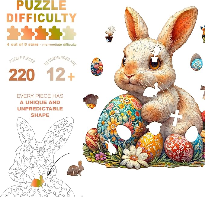Wooden Puzzles for Adults - Wonderful Easter Bunny Wooden Puzzles - Unique Shaped Wooden Jigsaw Puzzles - Animal Wooden Puzzle Creative Bunny Gifts - Puzzle Toys - (220pcs)