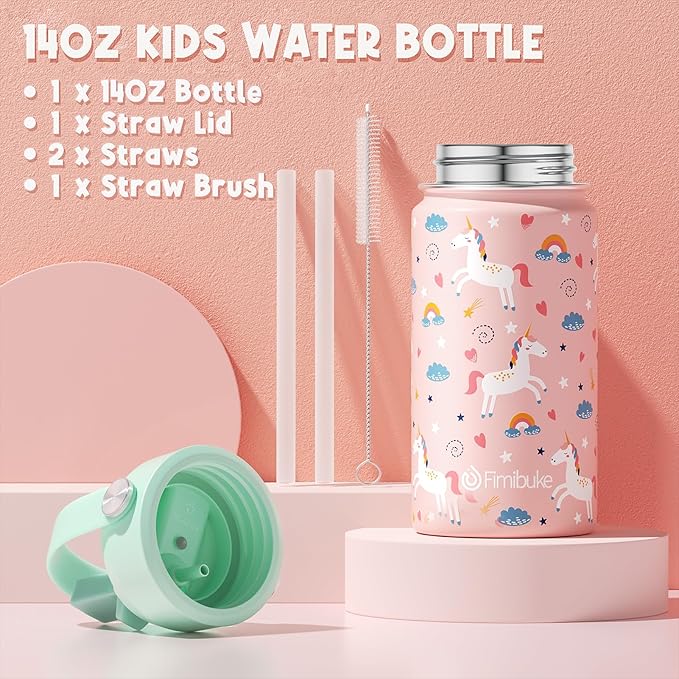 Fimibuke Kids Bento Lunch Box with 4 Compartments, Insulated lunch Bag, Stainless Steel Insulated Water Bottle, Ice Pack & Utensils Set, Birthday Gifts for Ages 3-12 Back to School Toddler Girls Boys