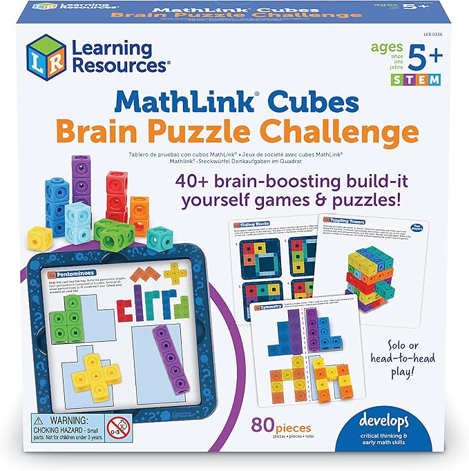 Learning Resources MathLink® Cubes Brain Puzzle Challenge, 80 Pieces, Ages 5+, Linking Cubes, Connecting Cubes, Math Manipulative, Counting Cube