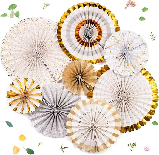 PapaKit Origami Wall Decoration Set (8 Assorted Round Paper Fans) Birthday Party Baby Shower Wedding Events Decor | Creative Art Design Pattern (Ivory & Marble with Metallic Gold Accent, 8 Piece Set)